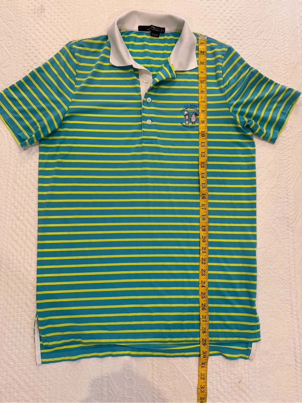 RLX Ralph Lauren Polo Shirt Mens S Blue Green Stripe US Open 2014 Pinehurst Golf